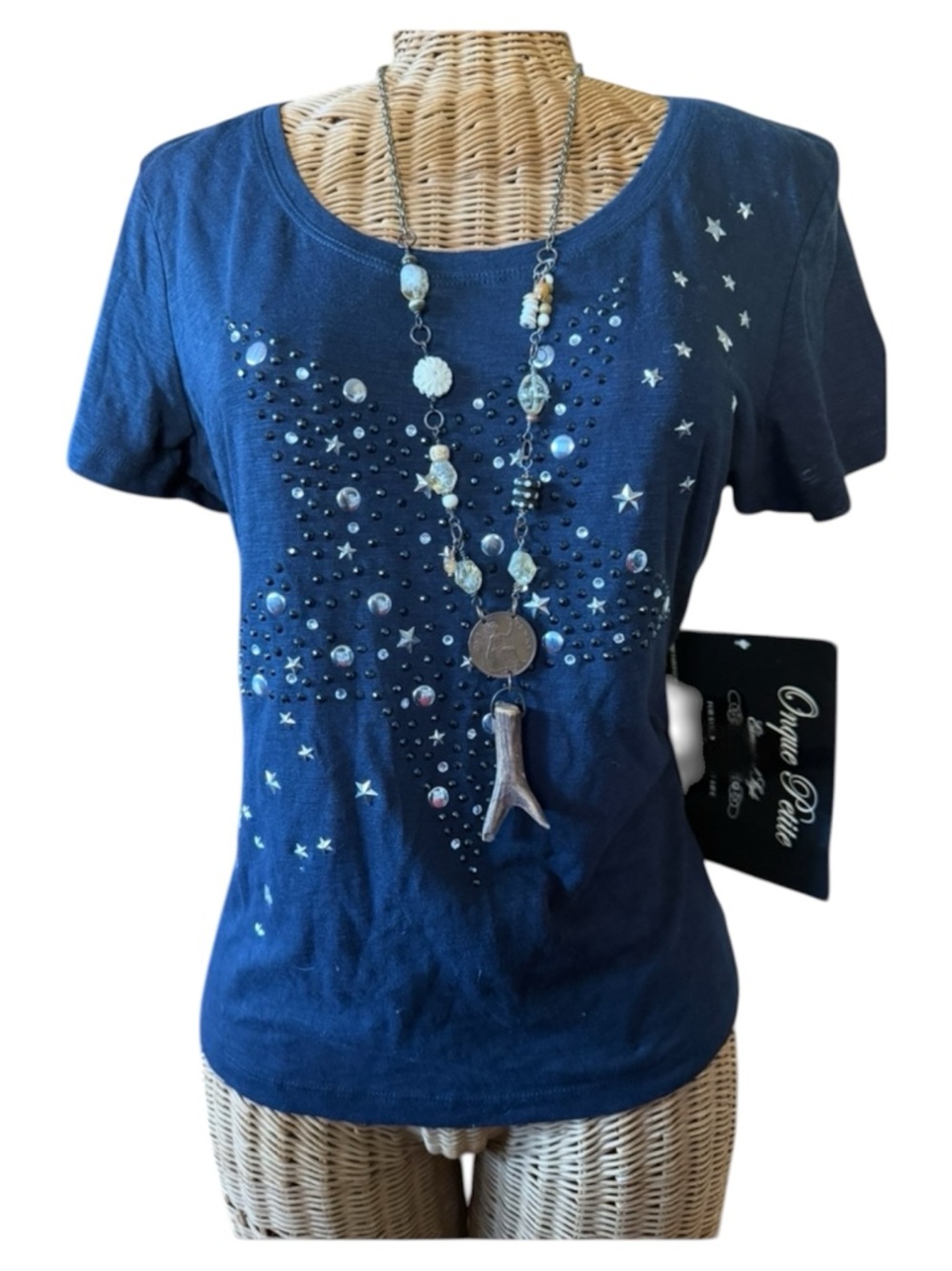 NWT Patriotic Gem Studded Stars Navy Blue Short Sleeve Top By Onque Petite Sz PM